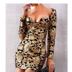 RARE HOUSE OF CB 'Silvaja' Black and Gold Velvet Sequined Mini Dress NWOT